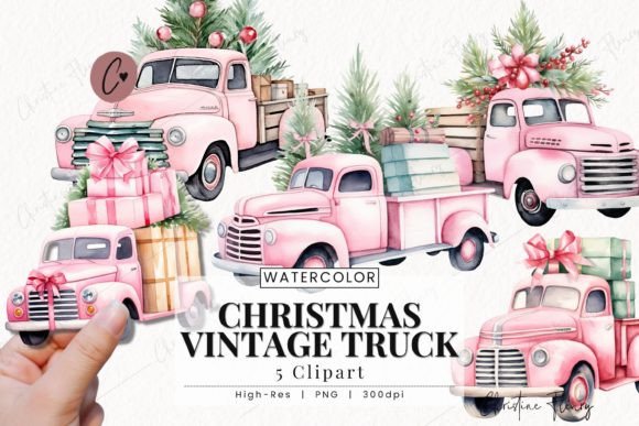 Download Watercolor Pink Christmas Vintage Truck - Vintage truck Collection