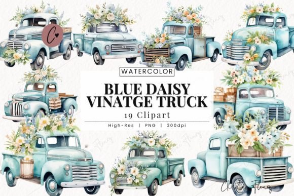 Download Blue Daisy Vintage Truck Clipart - Vintage truck Collection