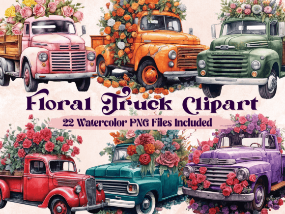 Download Watercolor Floral Vintage Truck Clipart - Vintage truck Collection